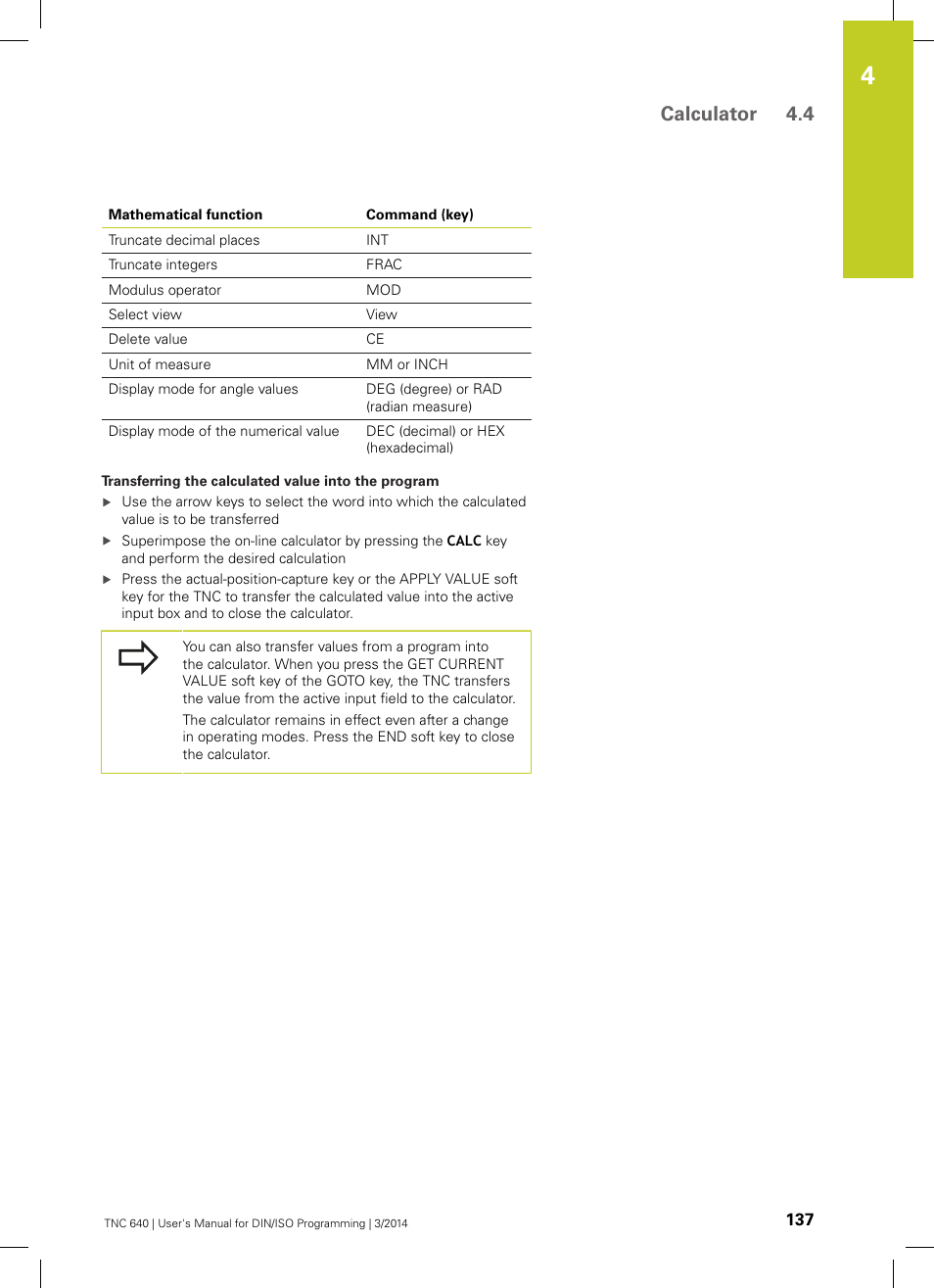 Calculator 4.4 | HEIDENHAIN TNC 640 (34059x-04) ISO programming User Manual | Page 137 / 645