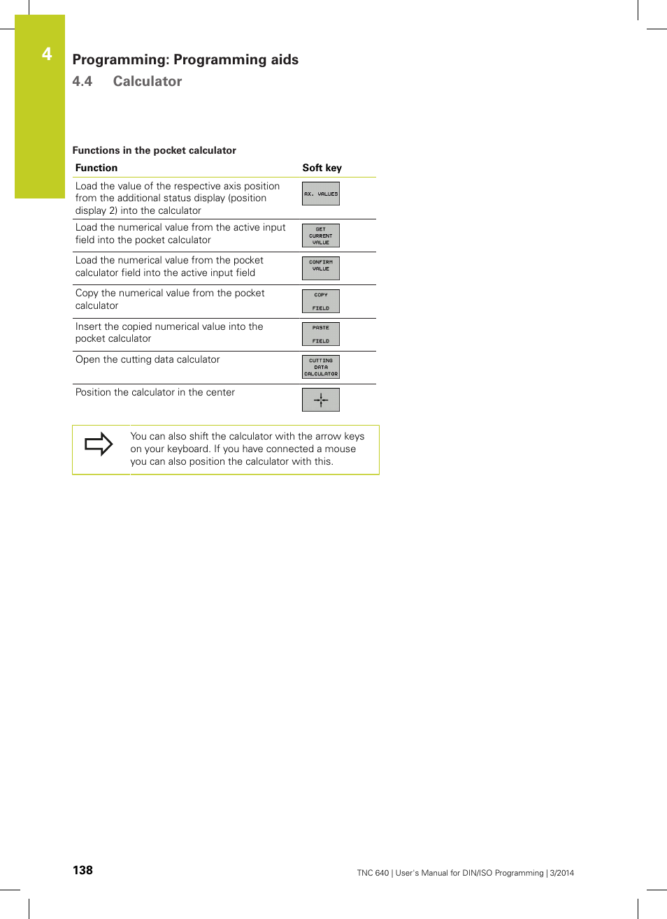 Programming: programming aids 4.4 calculator | HEIDENHAIN TNC 640 (34059x-04) ISO programming User Manual | Page 138 / 645