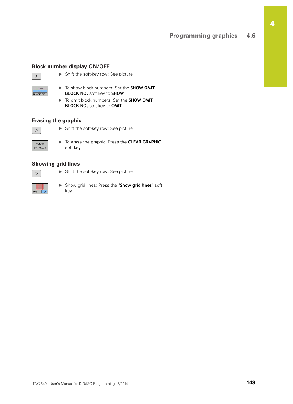 Block number display on/off, Erasing the graphic, Showing grid lines | Programming graphics 4.6 | HEIDENHAIN TNC 640 (34059x-04) ISO programming User Manual | Page 143 / 645