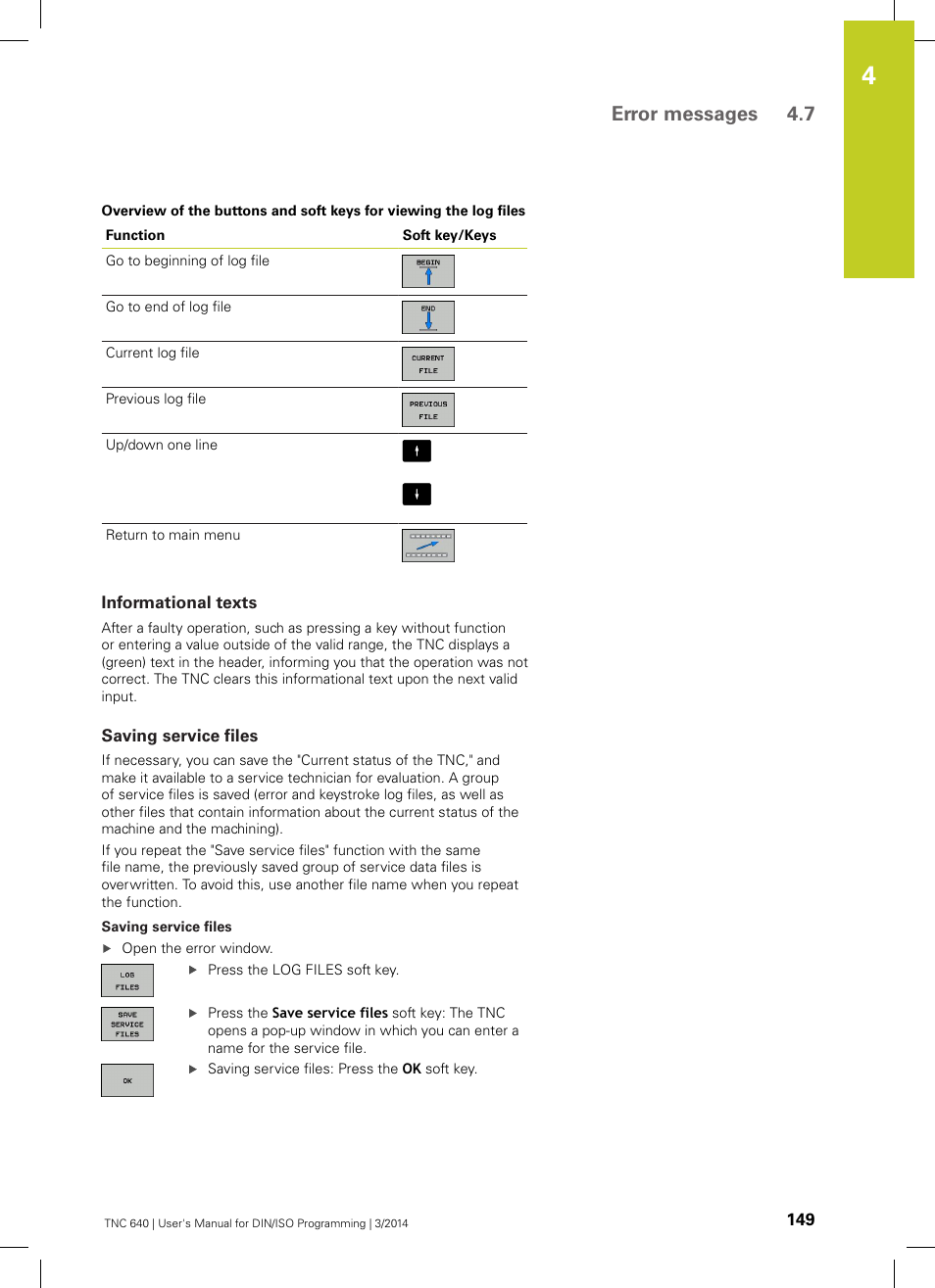 Informational texts, Saving service files, Error messages 4.7 | HEIDENHAIN TNC 640 (34059x-04) ISO programming User Manual | Page 149 / 645