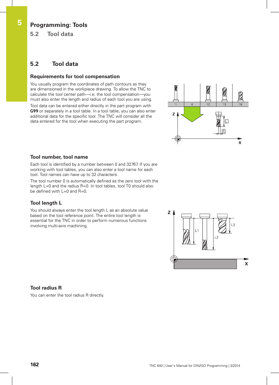 2 tool data, Requirements for tool compensation, Tool number, tool name | Tool length l, Tool radius r, Tool data, Programming: tools 5.2 tool data | HEIDENHAIN TNC 640 (34059x-04) ISO programming User Manual | Page 162 / 645