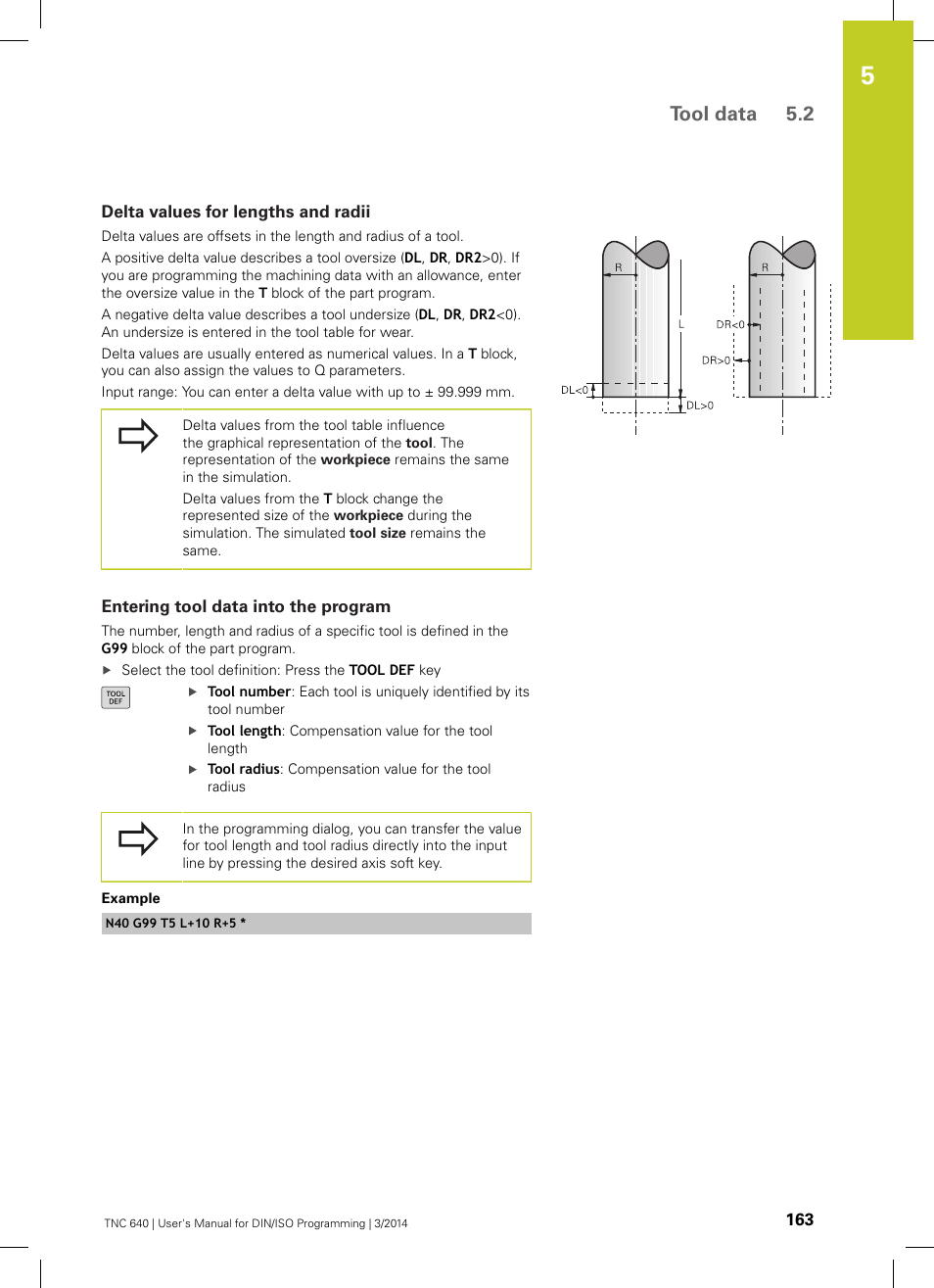 Delta values for lengths and radii, Entering tool data into the program, Tool data 5.2 | HEIDENHAIN TNC 640 (34059x-04) ISO programming User Manual | Page 163 / 645