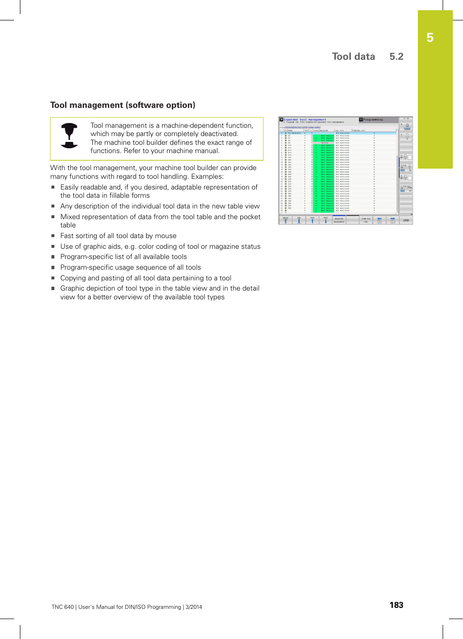 Tool management (software option), Tool data 5.2 | HEIDENHAIN TNC 640 (34059x-04) ISO programming User Manual | Page 183 / 645