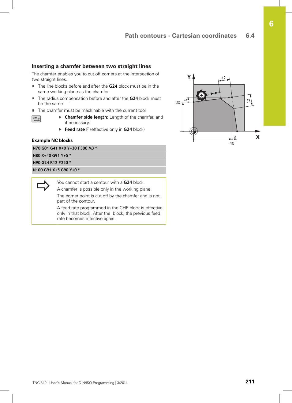 Inserting a chamfer between two straight lines, Path contours - cartesian coordinates 6.4 | HEIDENHAIN TNC 640 (34059x-04) ISO programming User Manual | Page 211 / 645