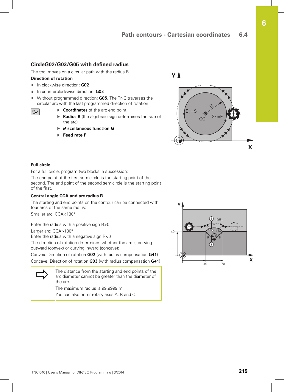 Circleg02/g03/g05 with defined radius, Path contours - cartesian coordinates 6.4 | HEIDENHAIN TNC 640 (34059x-04) ISO programming User Manual | Page 215 / 645