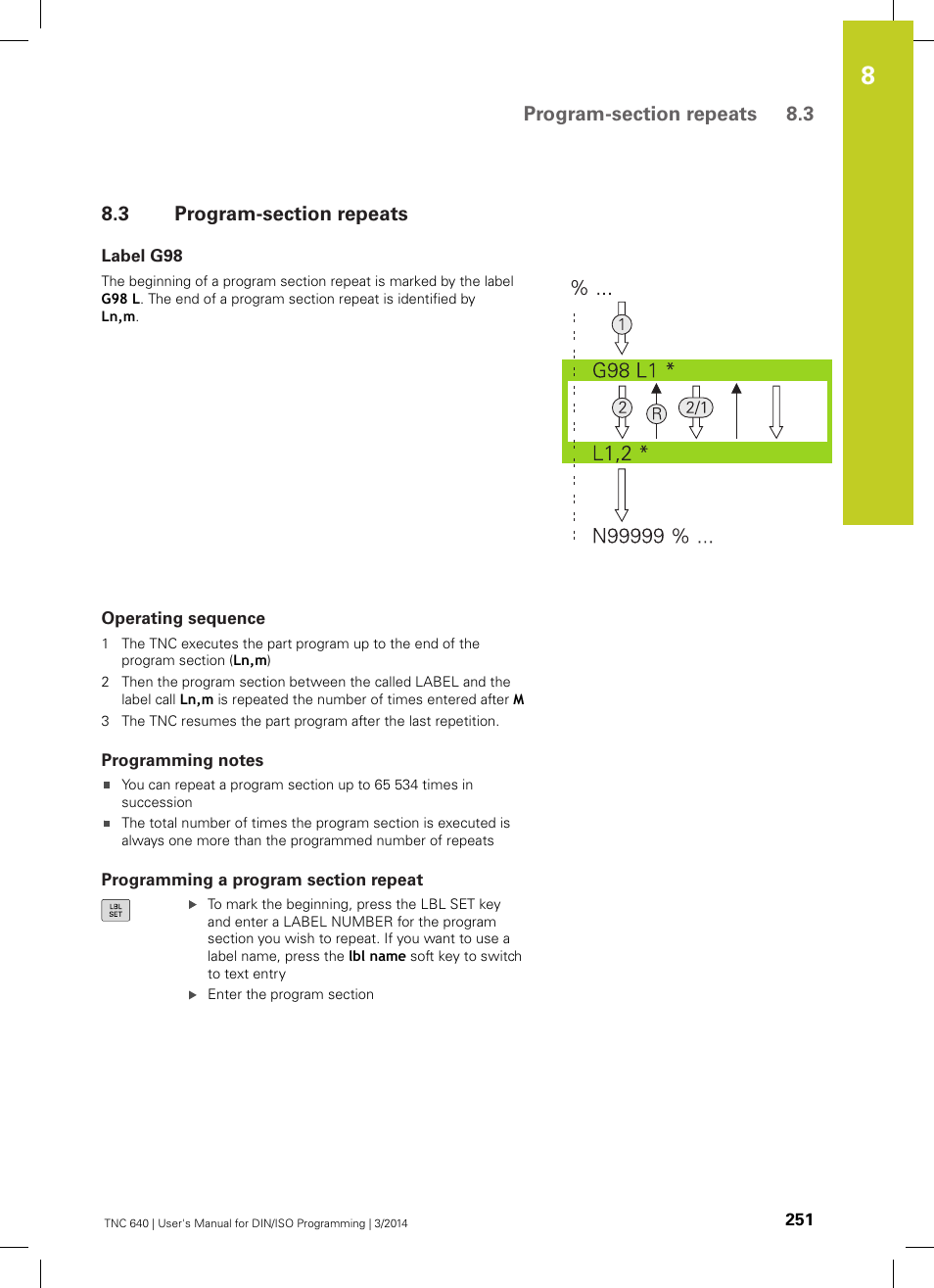 3 program-section repeats, Label g98, Operating sequence | Programming notes, Programming a program section repeat, Program-section repeats | HEIDENHAIN TNC 640 (34059x-04) ISO programming User Manual | Page 251 / 645