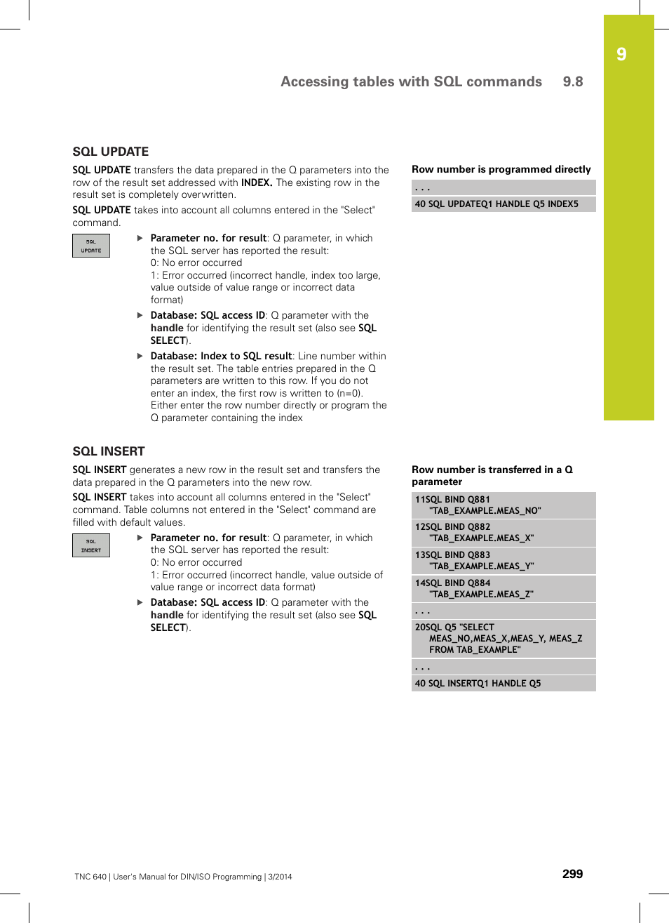 Sql update, Sql insert, Accessing tables with sql commands 9.8 | HEIDENHAIN TNC 640 (34059x-04) ISO programming User Manual | Page 299 / 645