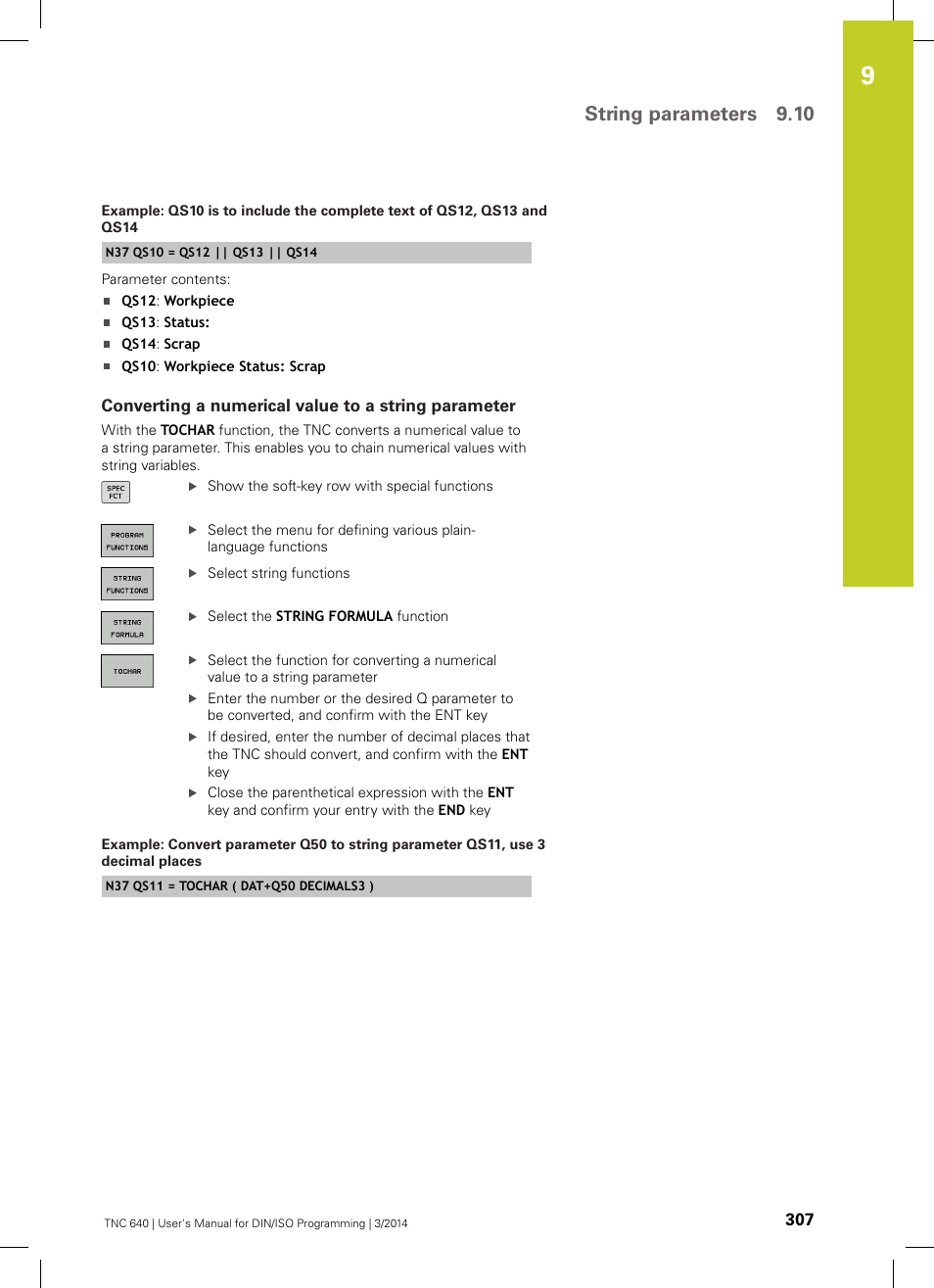 Converting a numerical value to a string parameter, String parameters 9.10 | HEIDENHAIN TNC 640 (34059x-04) ISO programming User Manual | Page 307 / 645