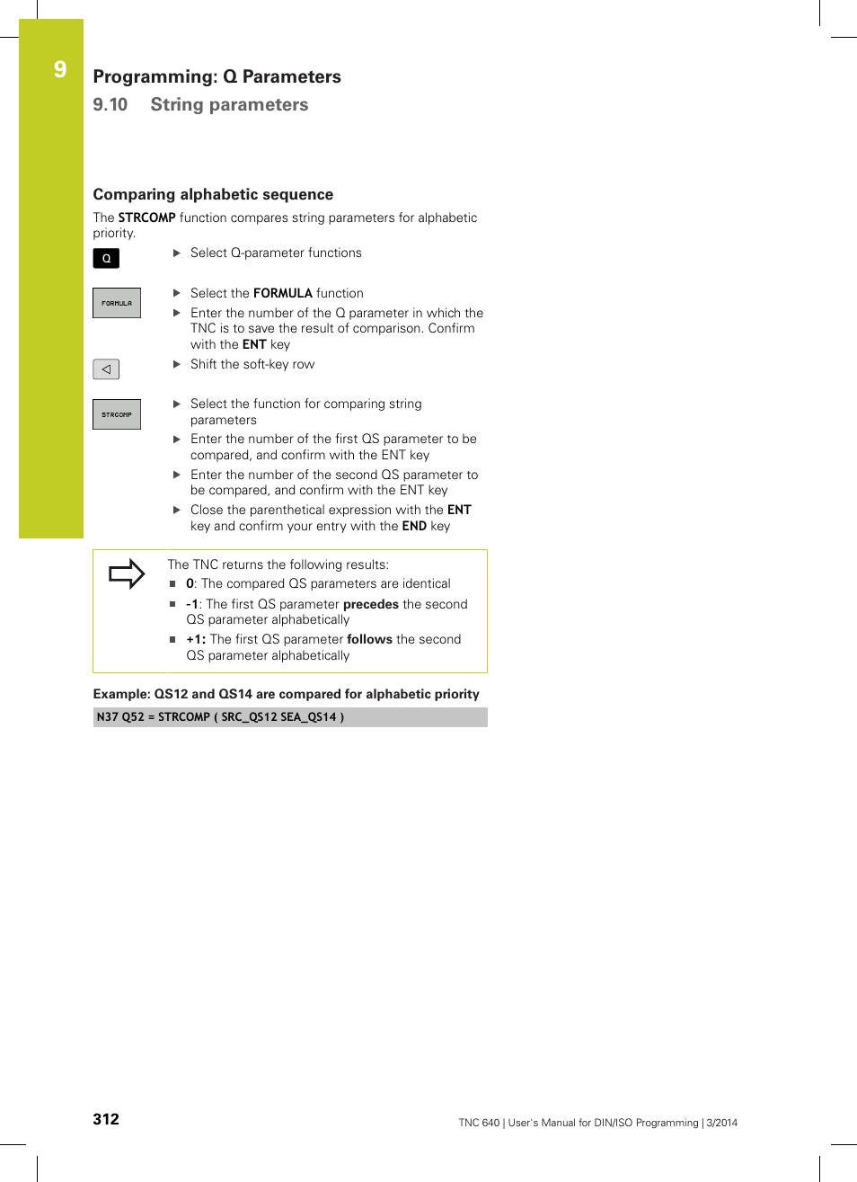 Comparing alphabetic sequence, Programming: q parameters 9.10 string parameters | HEIDENHAIN TNC 640 (34059x-04) ISO programming User Manual | Page 312 / 645