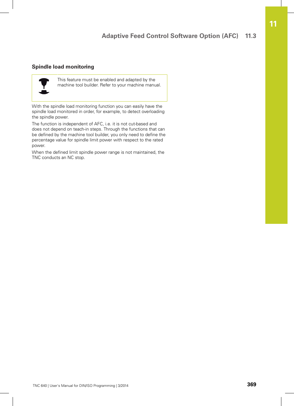 Spindle load monitoring, Adaptive feed control software option (afc) 11.3 | HEIDENHAIN TNC 640 (34059x-04) ISO programming User Manual | Page 369 / 645