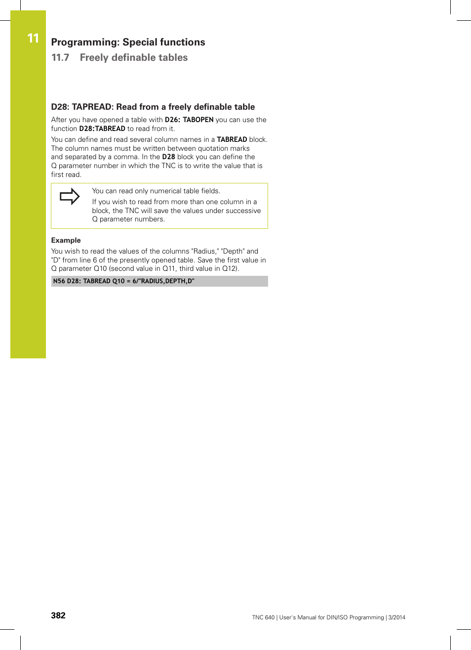 D28: tapread: read from a freely definable table | HEIDENHAIN TNC 640 (34059x-04) ISO programming User Manual | Page 382 / 645