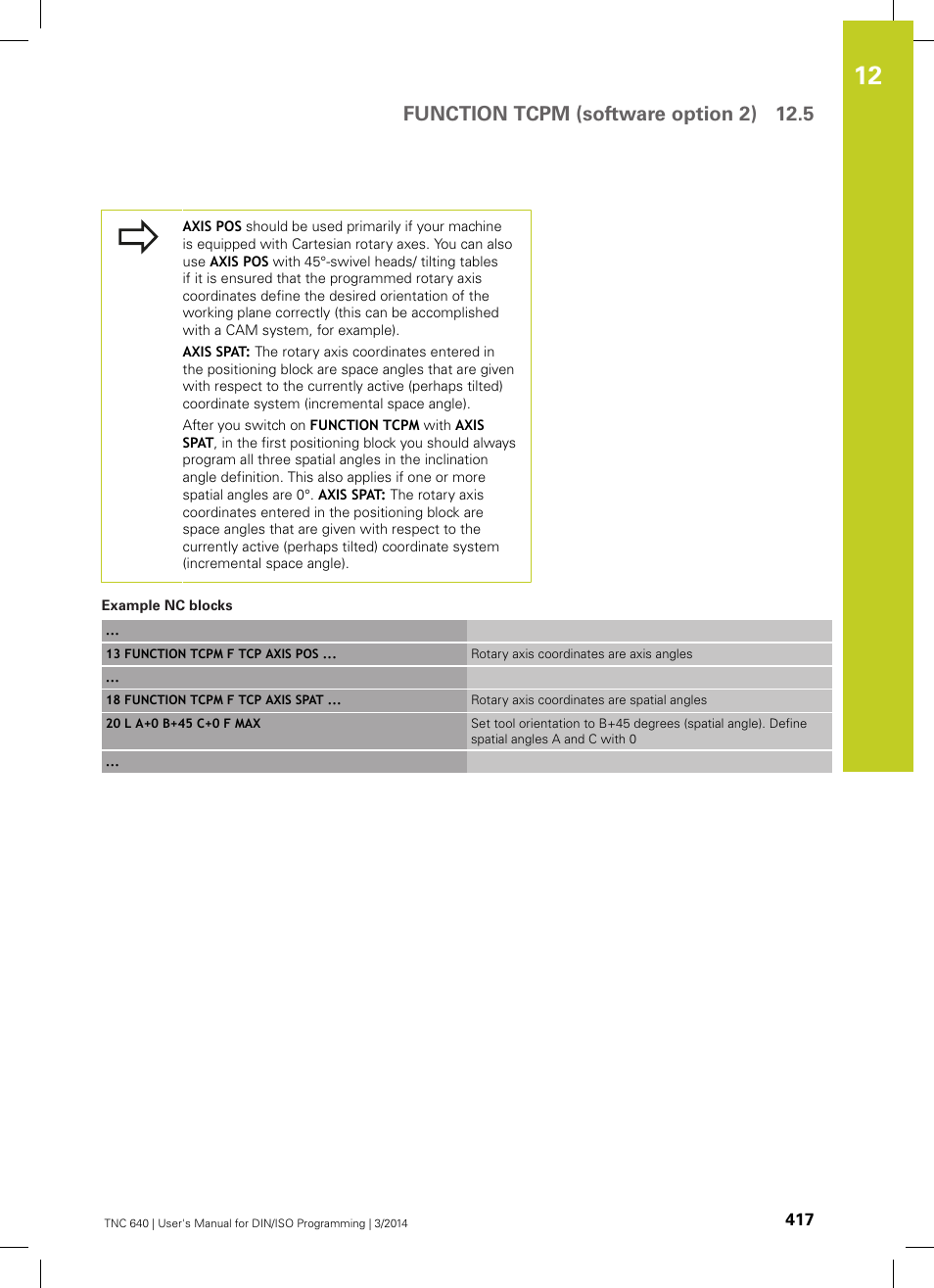 Function tcpm (software option 2) 12.5 | HEIDENHAIN TNC 640 (34059x-04) ISO programming User Manual | Page 417 / 645