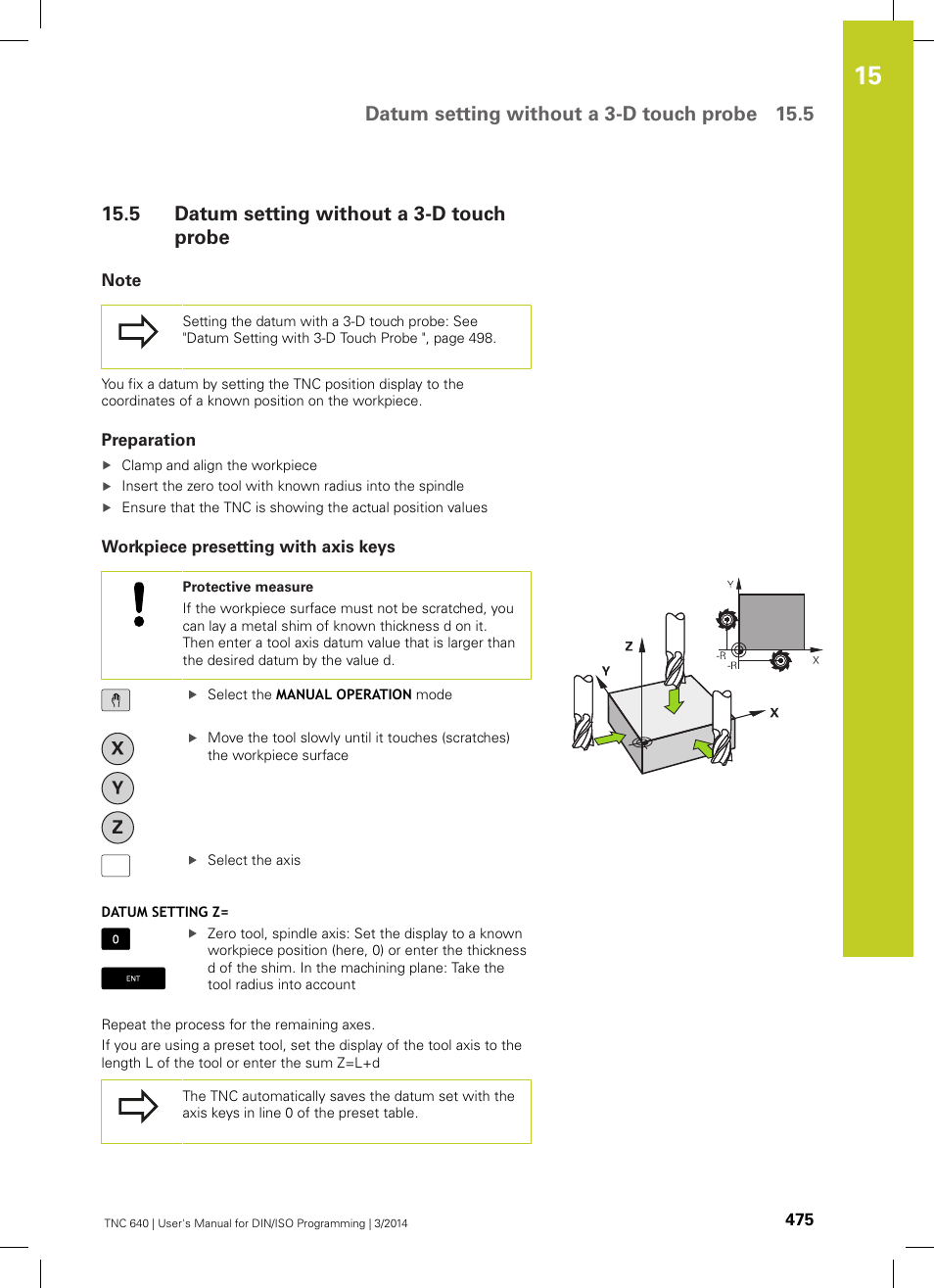 5 datum setting without a 3-d touch probe, Note, Preparation | Workpiece presetting with axis keys, Datum setting without a 3-d touch probe, Datum setting without a 3-d touch probe 15.5 | HEIDENHAIN TNC 640 (34059x-04) ISO programming User Manual | Page 475 / 645