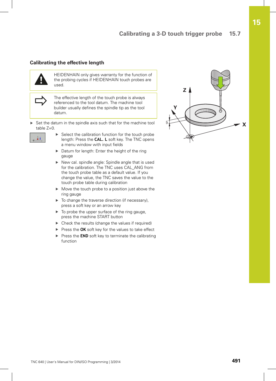 Calibrating the effective length, Calibrating a 3-d touch trigger probe 15.7 | HEIDENHAIN TNC 640 (34059x-04) ISO programming User Manual | Page 491 / 645