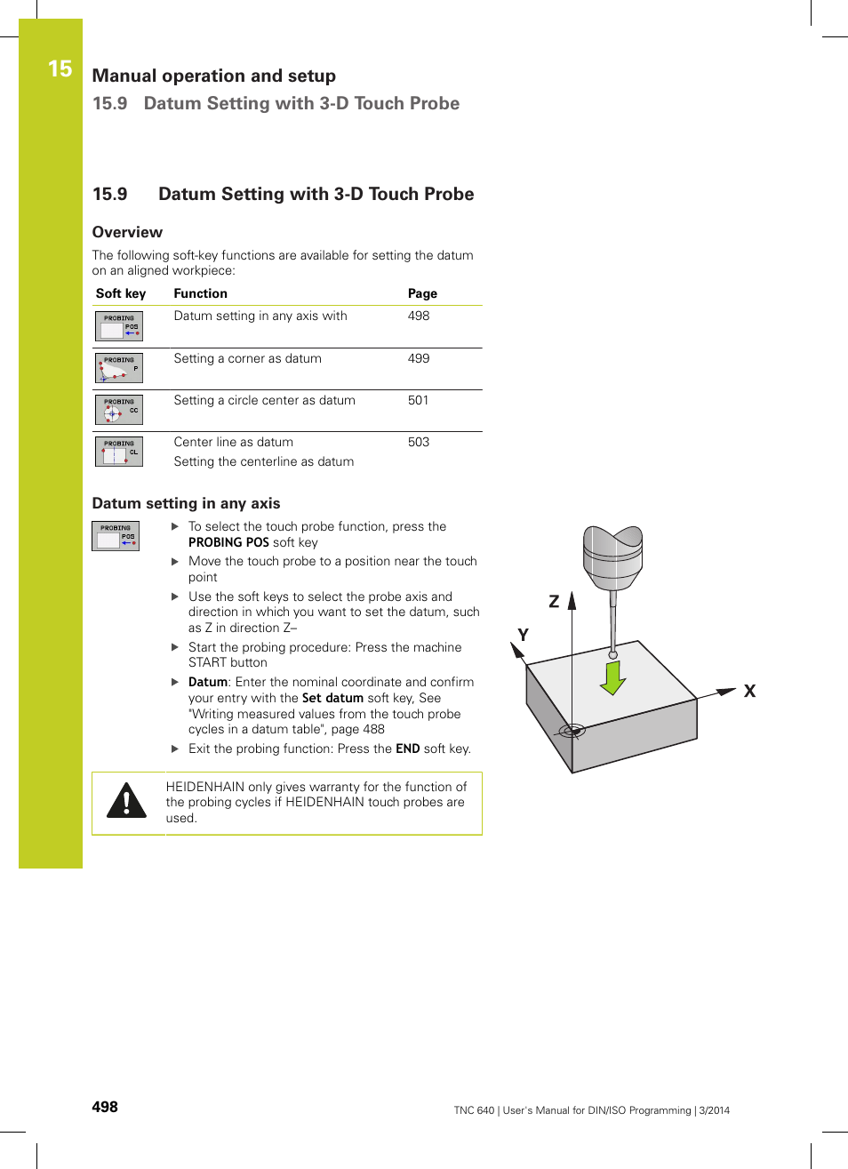 9 datum setting with 3-d touch probe, Overview, Datum setting in any axis | Datum setting with 3-d touch probe | HEIDENHAIN TNC 640 (34059x-04) ISO programming User Manual | Page 498 / 645