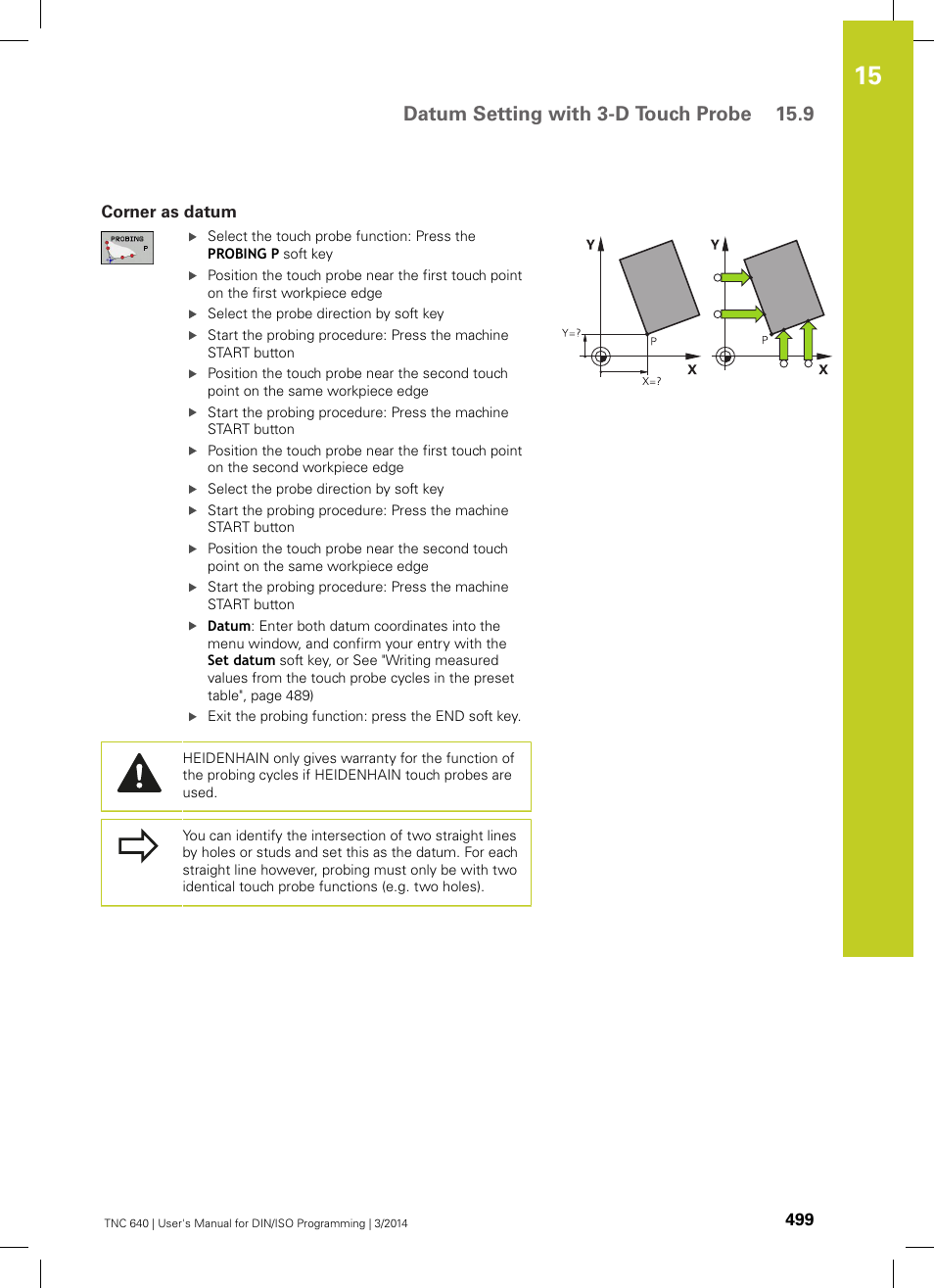 Corner as datum, Datum setting with 3-d touch probe 15.9 | HEIDENHAIN TNC 640 (34059x-04) ISO programming User Manual | Page 499 / 645