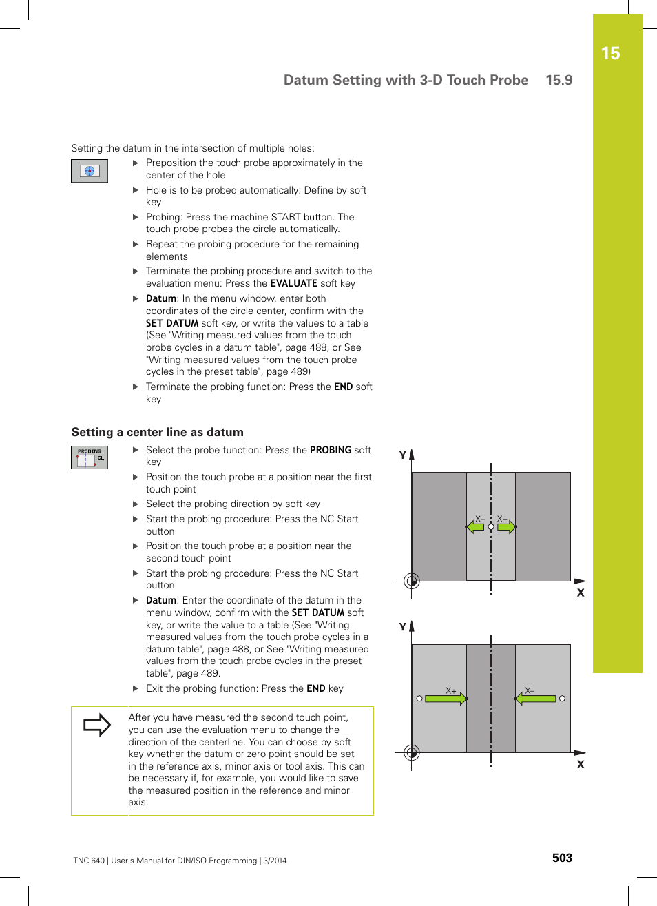 Setting a center line as datum, Um" ("setting a center, Datum setting with 3-d touch probe 15.9 | HEIDENHAIN TNC 640 (34059x-04) ISO programming User Manual | Page 503 / 645