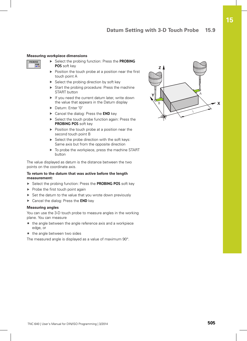 Datum setting with 3-d touch probe 15.9 | HEIDENHAIN TNC 640 (34059x-04) ISO programming User Manual | Page 505 / 645