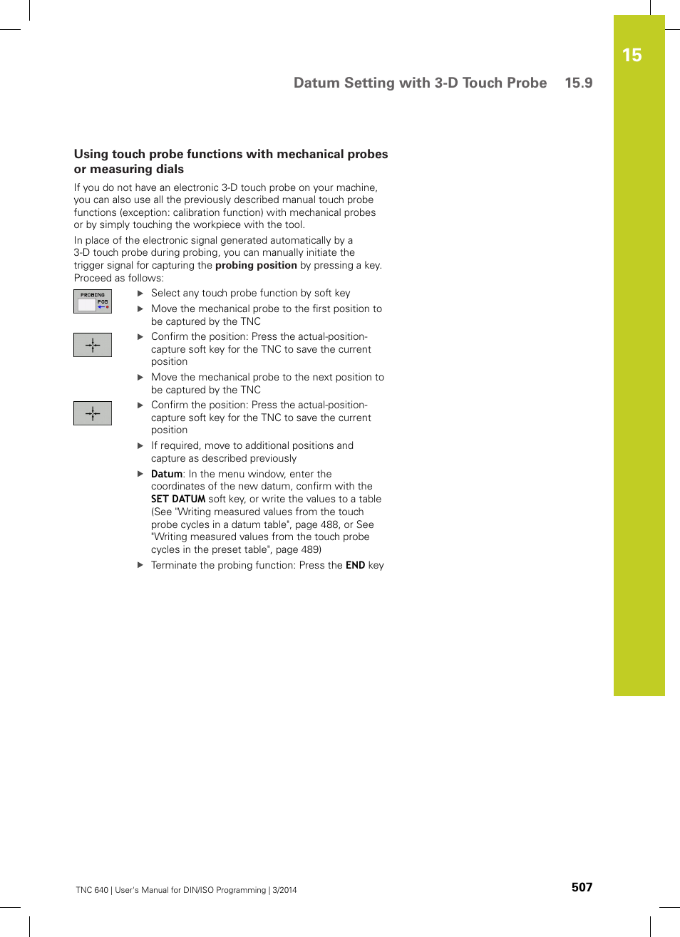 Datum setting with 3-d touch probe 15.9 | HEIDENHAIN TNC 640 (34059x-04) ISO programming User Manual | Page 507 / 645