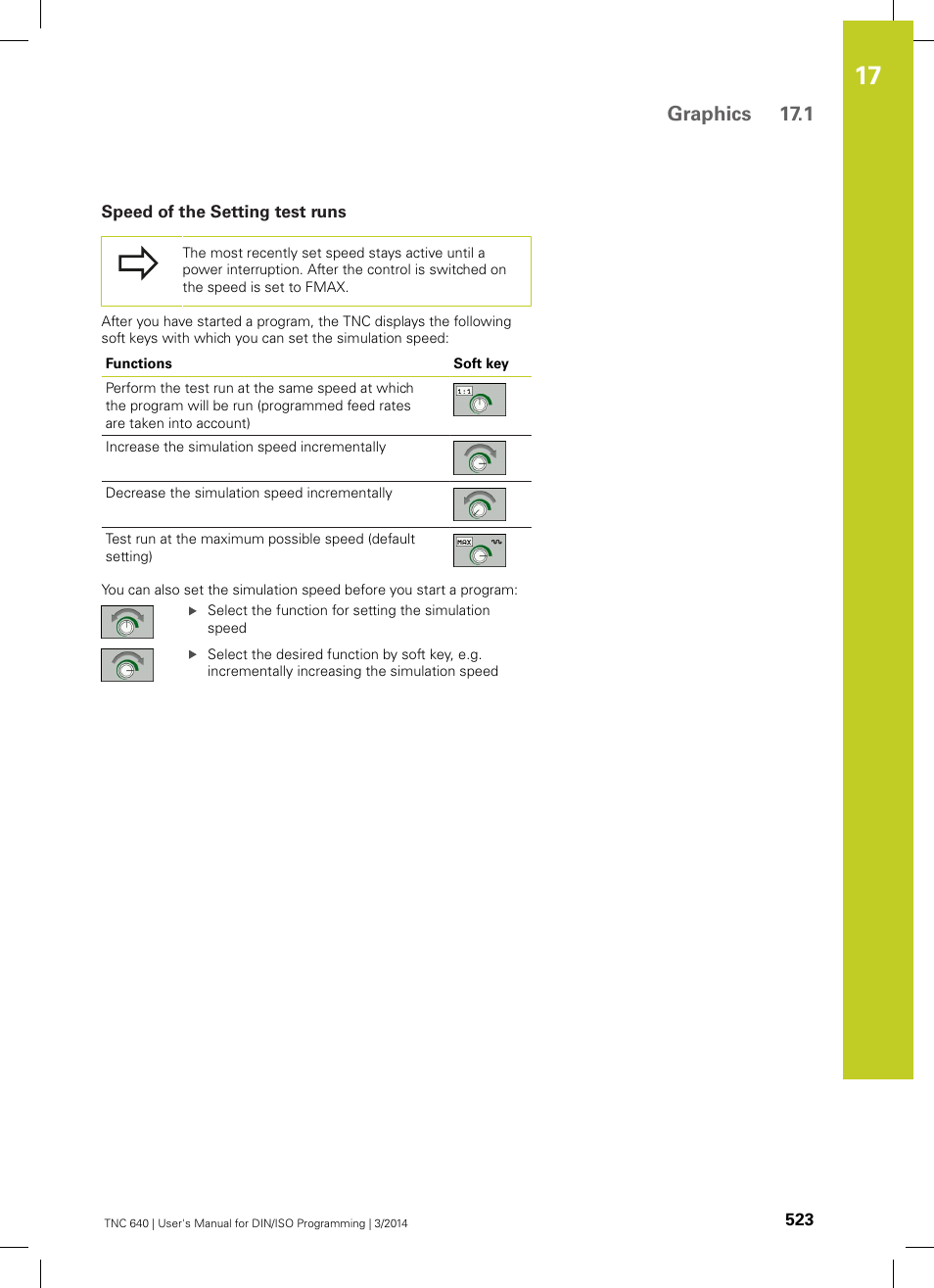 Speed of the setting test runs, See "speed of the setting test, Graphics 17.1 | HEIDENHAIN TNC 640 (34059x-04) ISO programming User Manual | Page 523 / 645