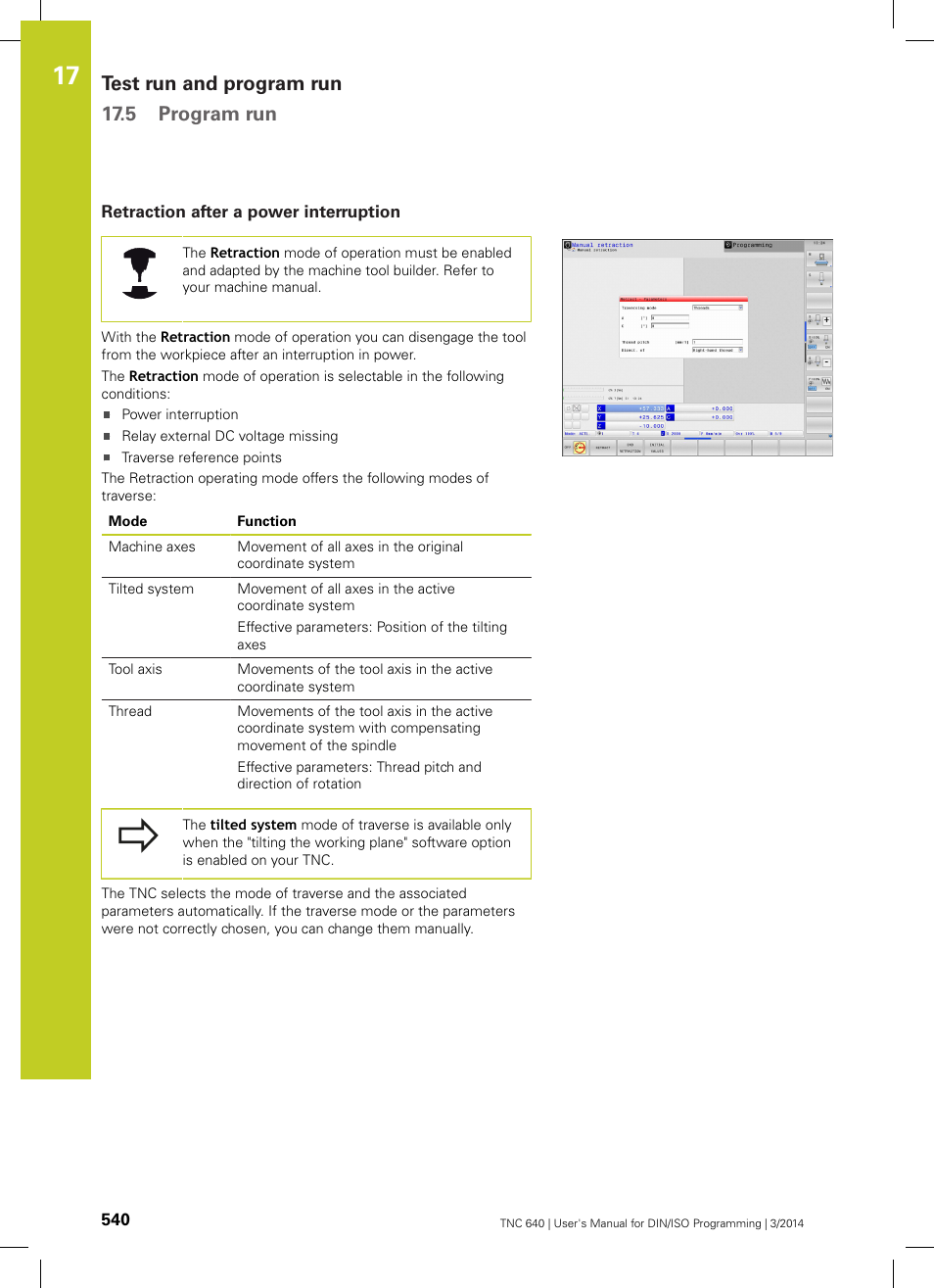 Retraction after a power interruption, Retraction after a power, Test run and program run 17.5 program run | HEIDENHAIN TNC 640 (34059x-04) ISO programming User Manual | Page 540 / 645
