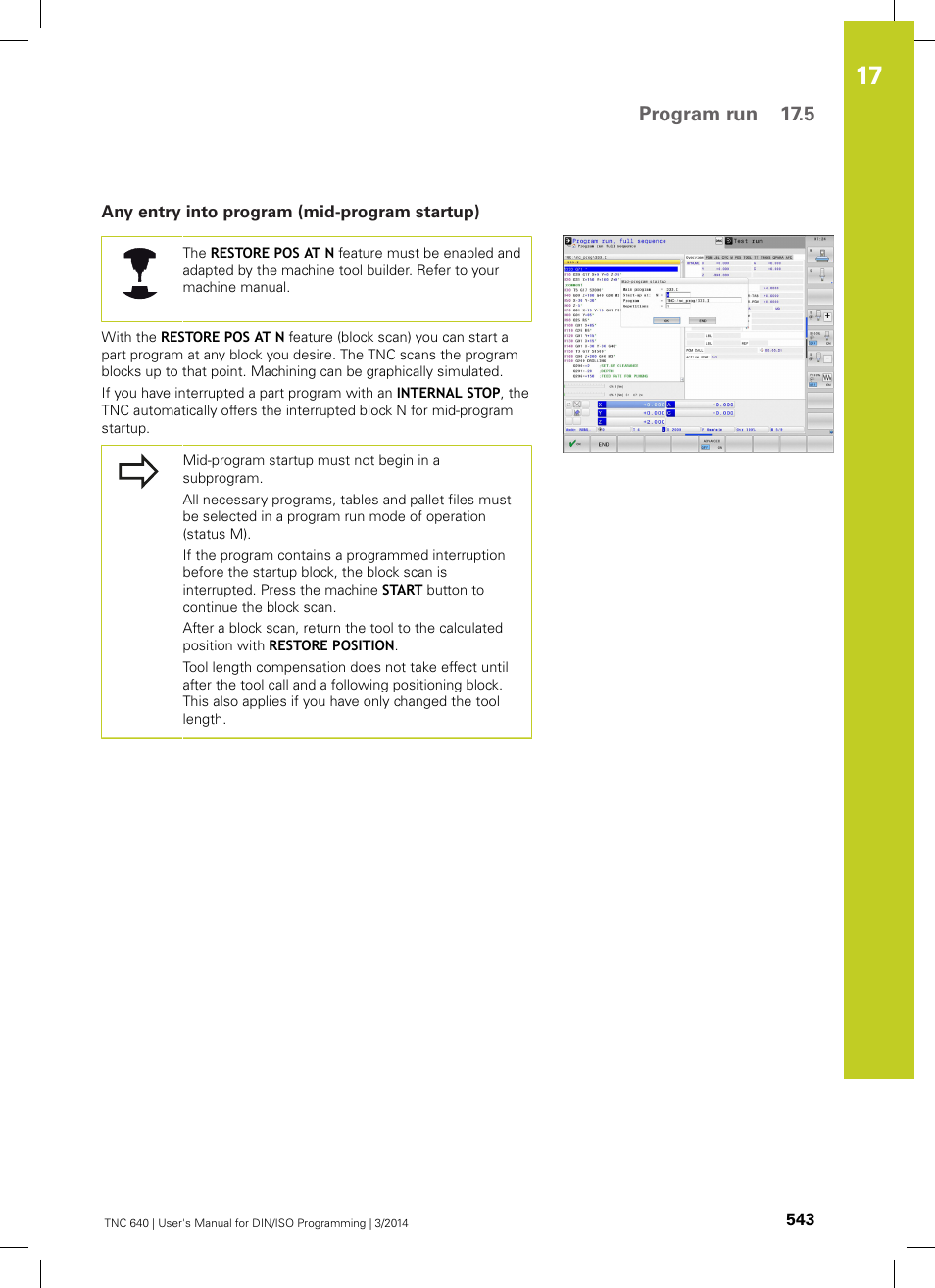 Any entry into program (mid-program startup), Program run 17.5 | HEIDENHAIN TNC 640 (34059x-04) ISO programming User Manual | Page 543 / 645