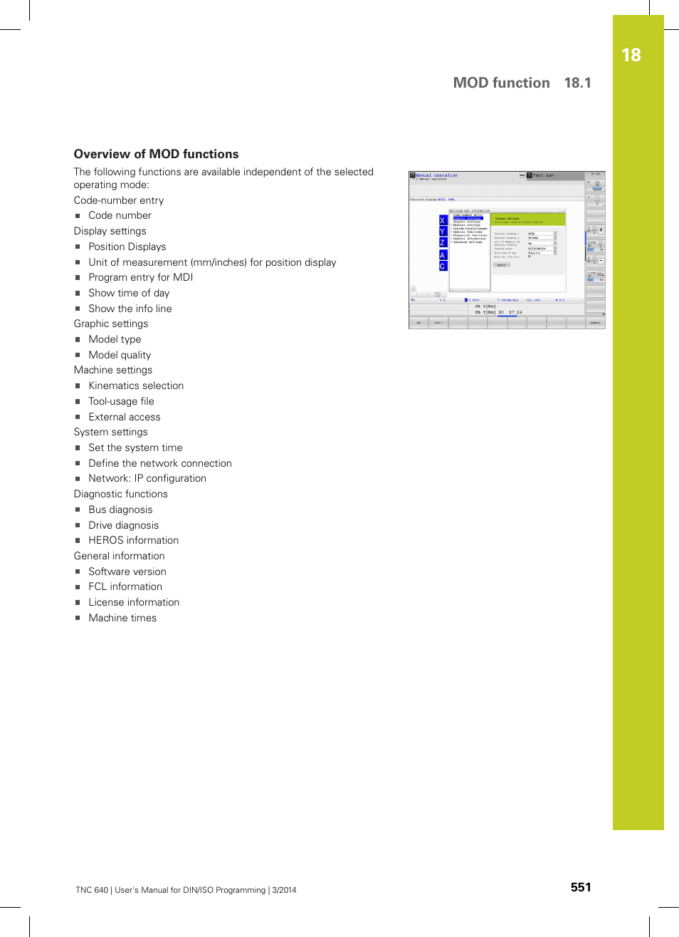 Overview of mod functions, Mod function 18.1 | HEIDENHAIN TNC 640 (34059x-04) ISO programming User Manual | Page 551 / 645