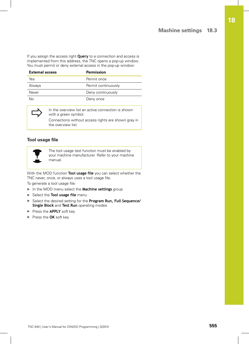 Tool usage file, Machine settings 18.3 | HEIDENHAIN TNC 640 (34059x-04) ISO programming User Manual | Page 555 / 645