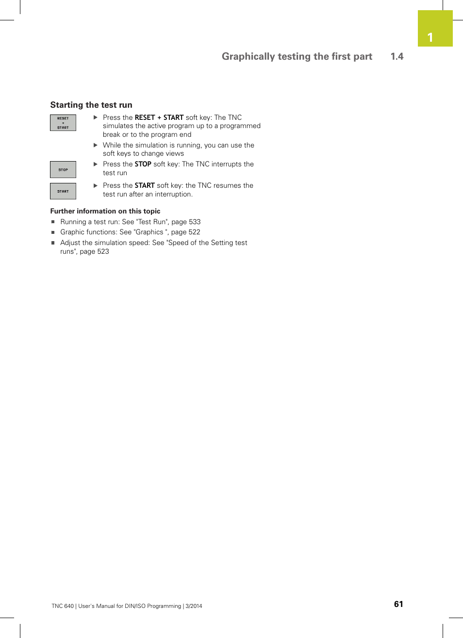 Starting the test run, Graphically testing the first part 1.4 | HEIDENHAIN TNC 640 (34059x-04) ISO programming User Manual | Page 61 / 645