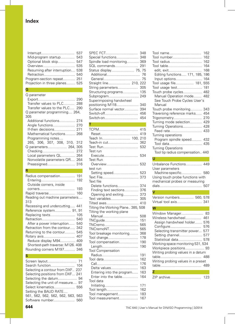 Index | HEIDENHAIN TNC 640 (34059x-04) ISO programming User Manual | Page 644 / 645