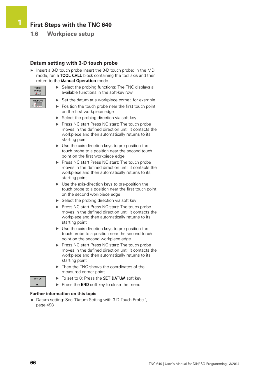 Datum setting with 3-d touch probe | HEIDENHAIN TNC 640 (34059x-04) ISO programming User Manual | Page 66 / 645
