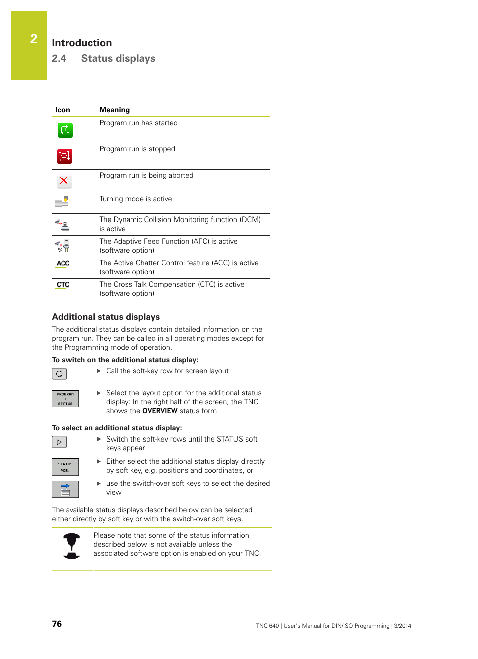 Additional status displays, Ab ("additional, Introduction 2.4 status displays | HEIDENHAIN TNC 640 (34059x-04) ISO programming User Manual | Page 76 / 645