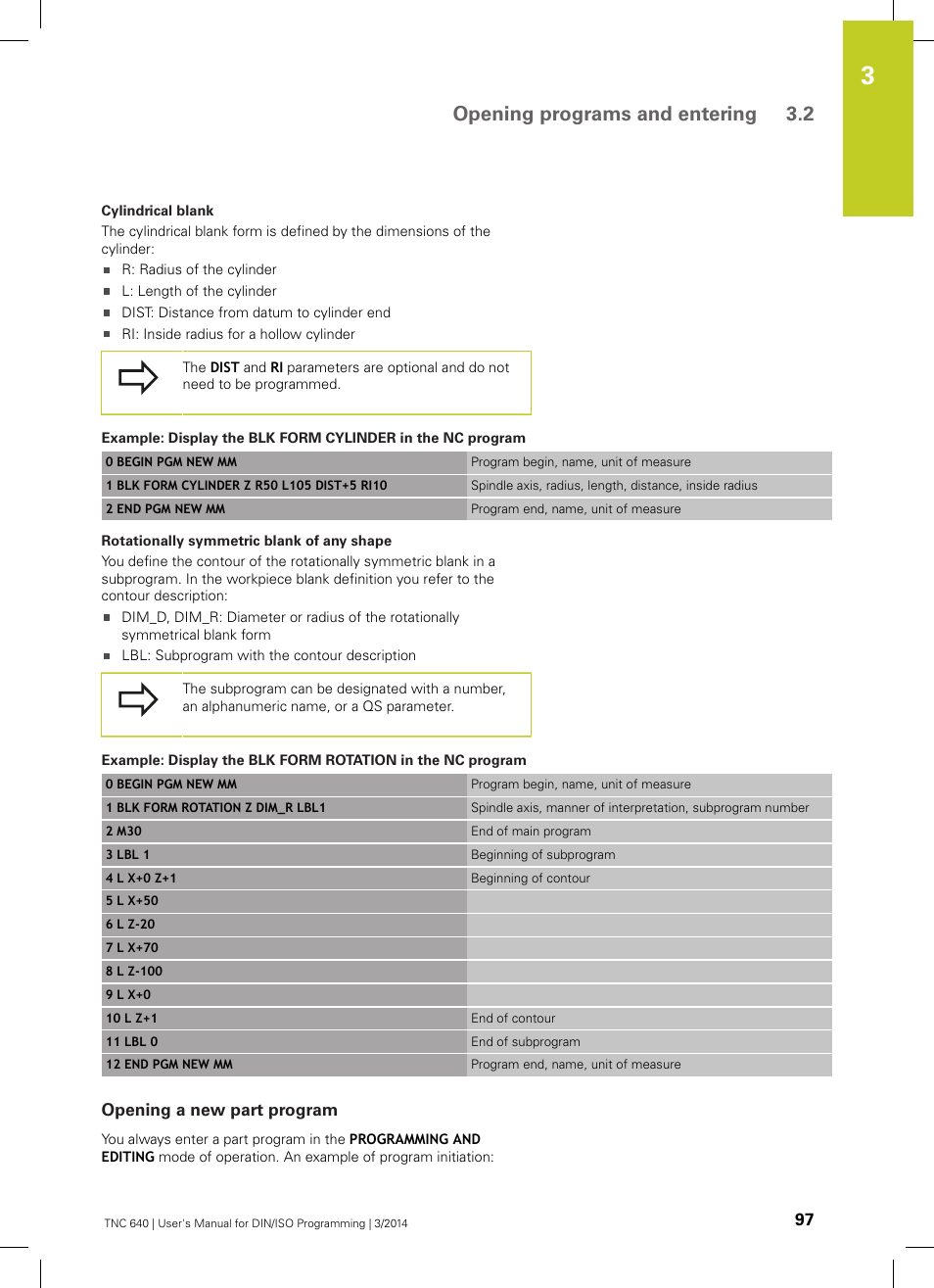 Opening a new part program, Opening programs and entering 3.2 | HEIDENHAIN TNC 640 (34059x-04) ISO programming User Manual | Page 97 / 645