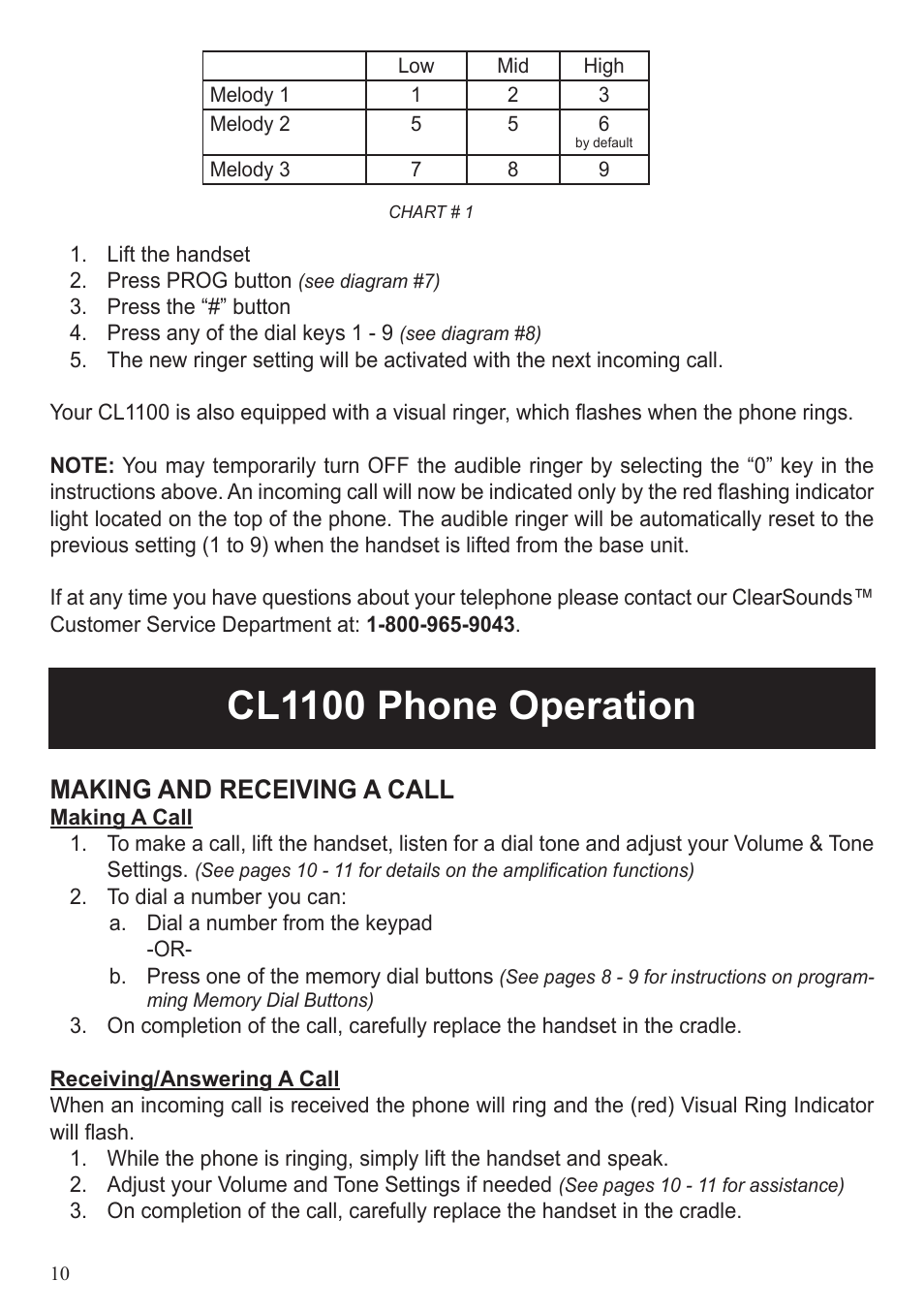 Cl1100 phone operation, Making and receiving a call | ClearSounds CL1100 User Manual | Page 10 / 18