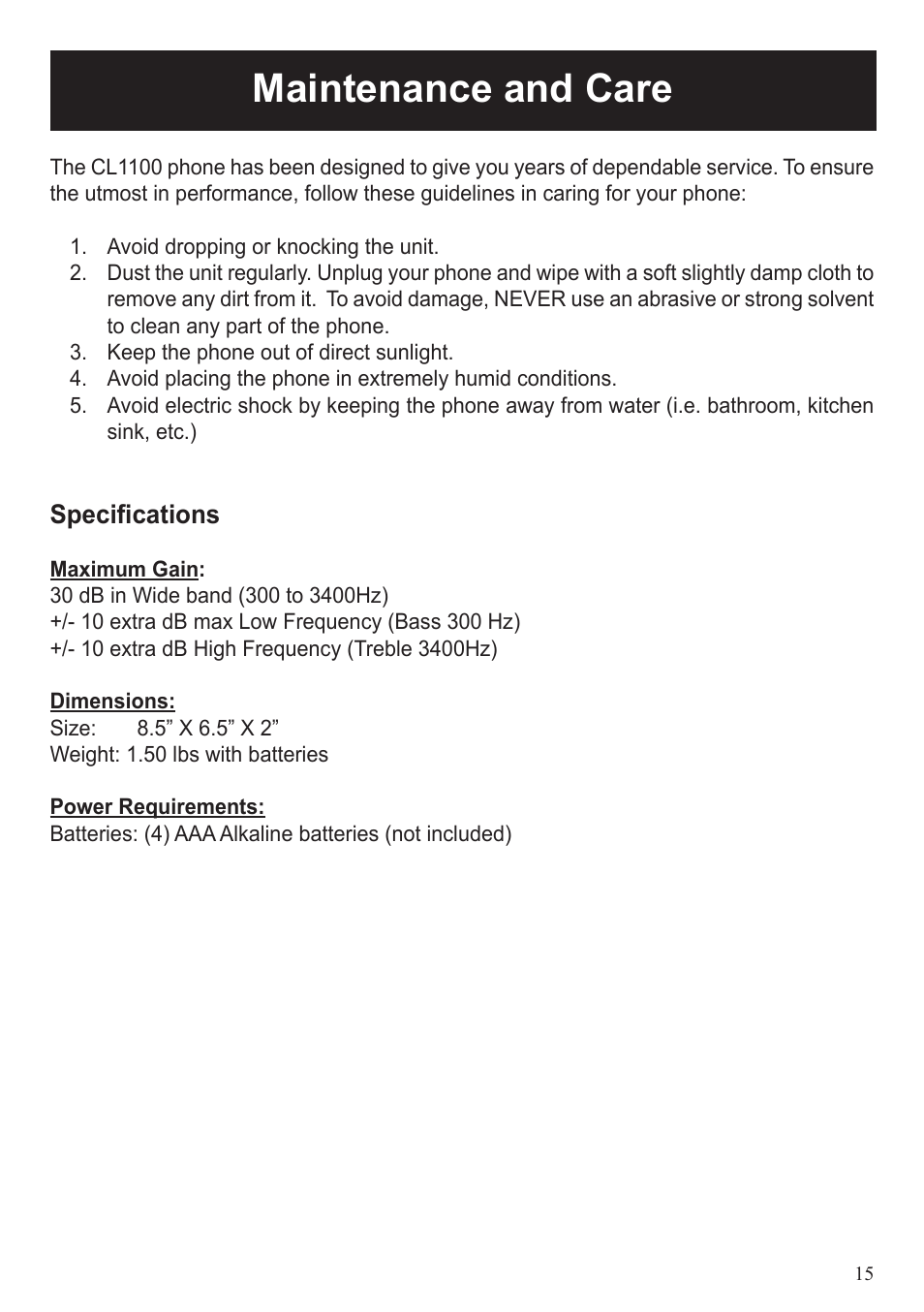 Maintenance and care | ClearSounds CL1100 User Manual | Page 15 / 18