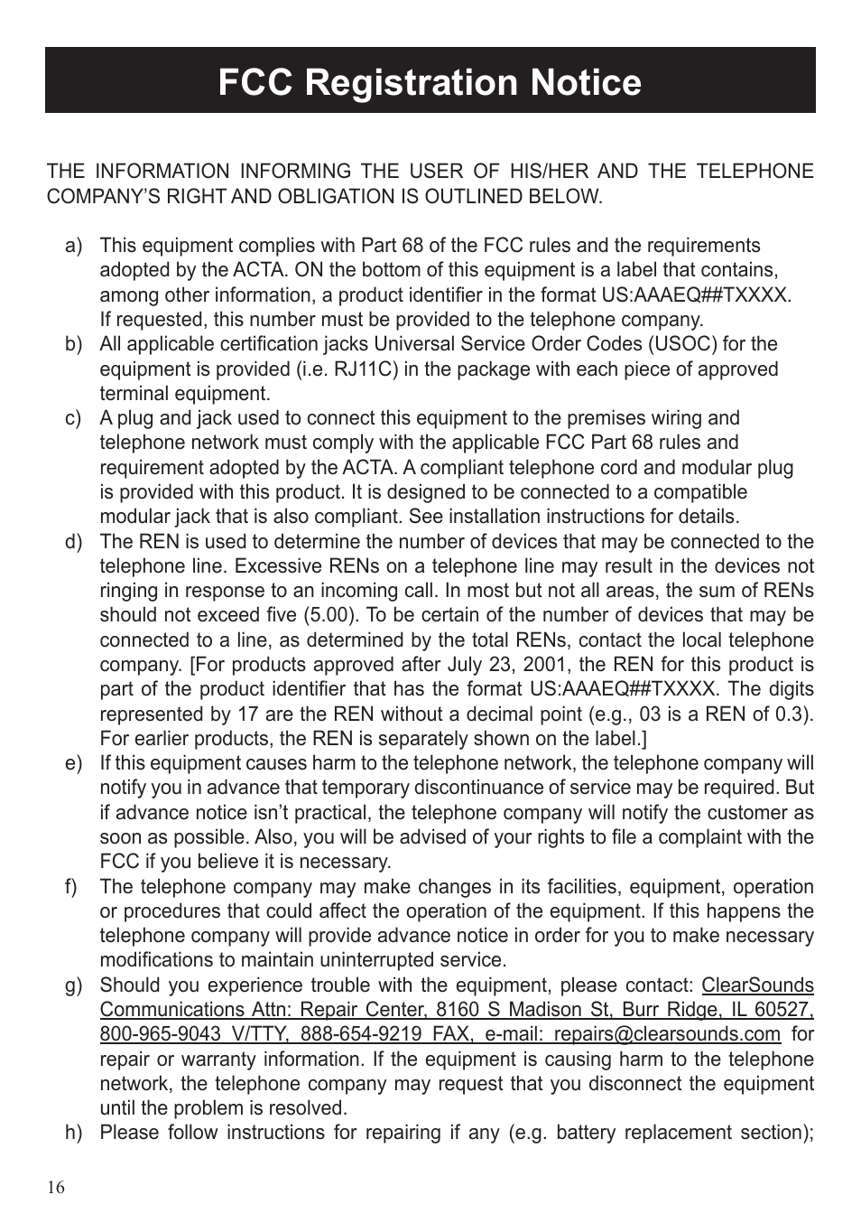 Fcc registration notice | ClearSounds CL1100 User Manual | Page 16 / 18