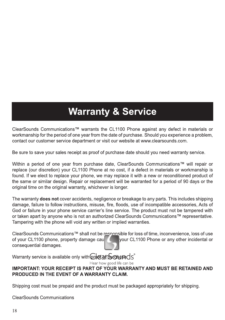 ClearSounds CL1100 User Manual | Page 18 / 18