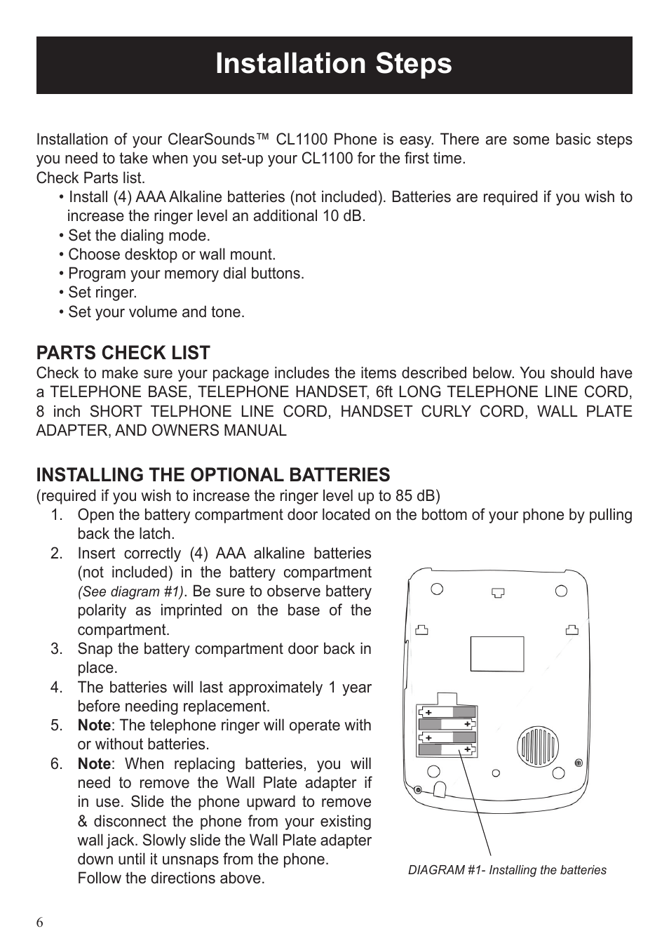 Installation steps, Parts check list, Installing the optional batteries | ClearSounds CL1100 User Manual | Page 6 / 18