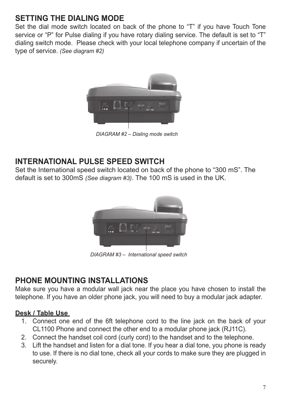 Setting the dialing mode, International pulse speed switch, Phone mounting installations | ClearSounds CL1100 User Manual | Page 7 / 18