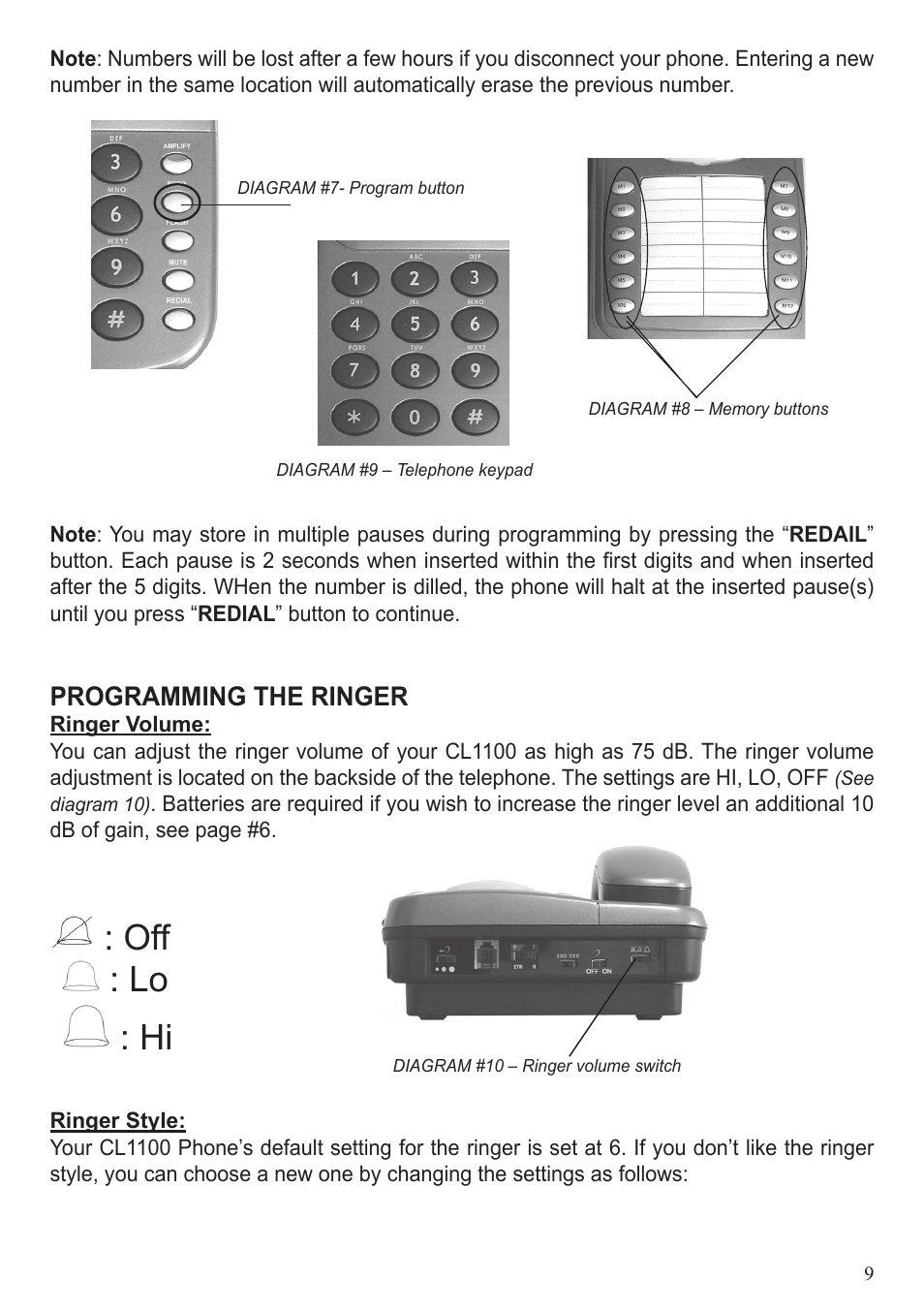 Off : lo : hi | ClearSounds CL1100 User Manual | Page 9 / 18