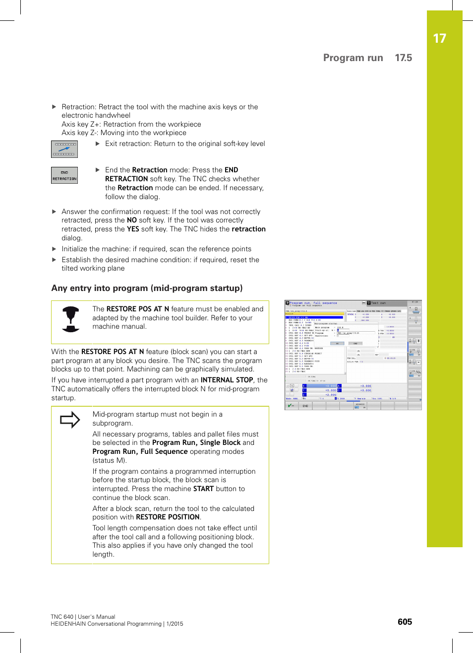 Any entry into program (mid-program startup), Program run 17.5 | HEIDENHAIN TNC 640 (34059x-05) User Manual | Page 605 / 707