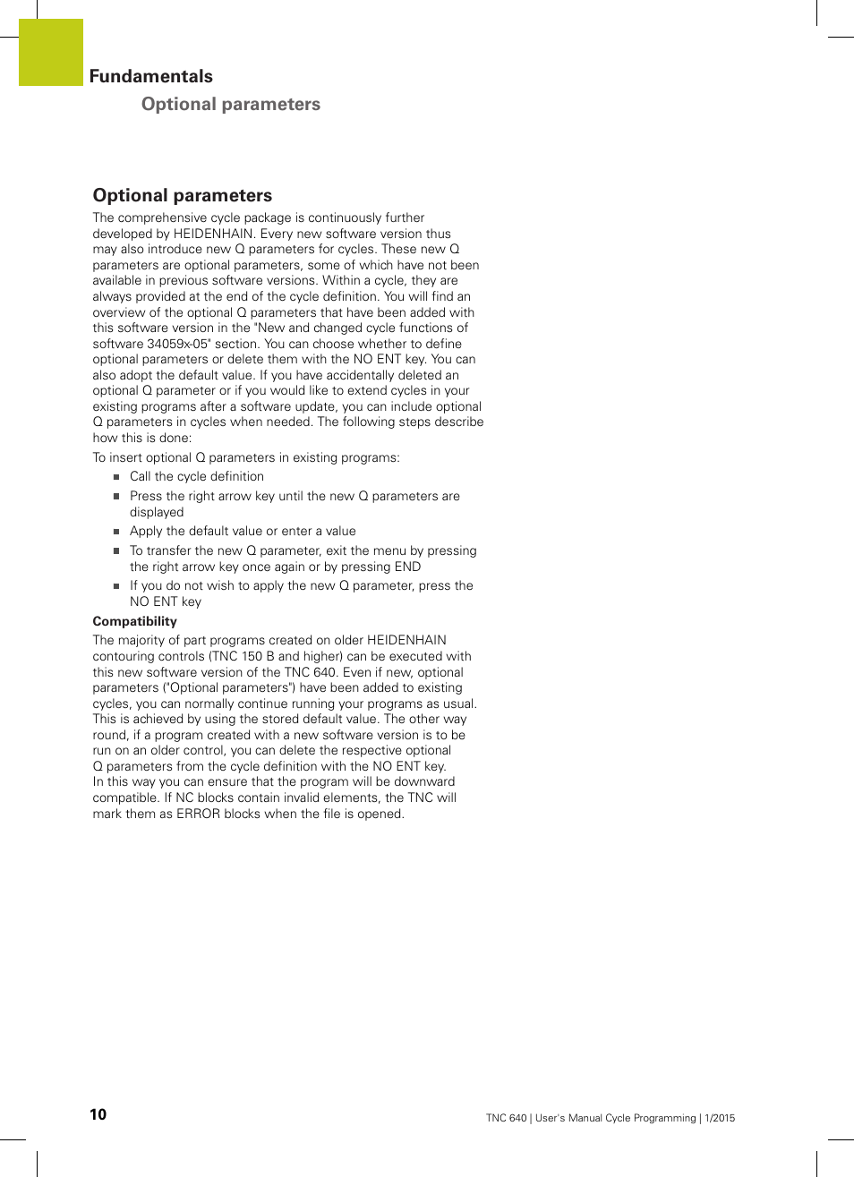 Optional parameters, Fundamentals optional parameters | HEIDENHAIN TNC 640 (34059x-05) Cycle programming User Manual | Page 10 / 635