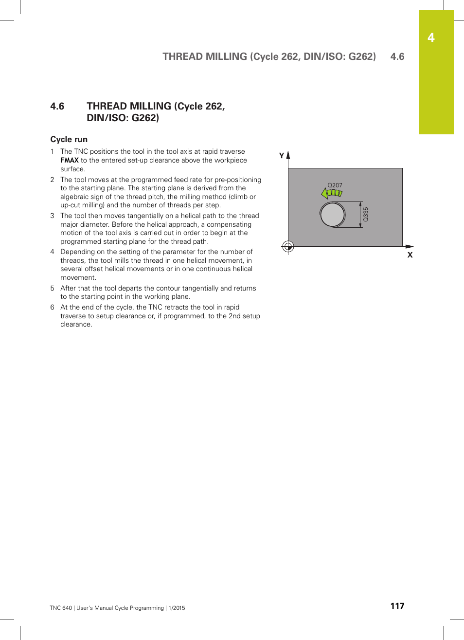 6 thread milling (cycle 262, din/iso: g262), Cycle run, Thread milling (cycle 262, din/iso: g262) | HEIDENHAIN TNC 640 (34059x-05) Cycle programming User Manual | Page 117 / 635