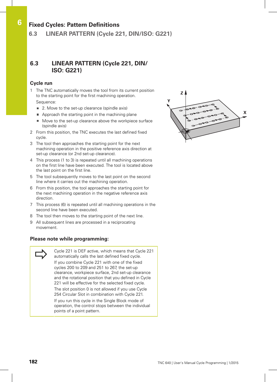 3 linear pattern (cycle 221, din/iso: g221), Cycle run, Please note while programming | Linear pattern (cycle 221, din/iso: g221) | HEIDENHAIN TNC 640 (34059x-05) Cycle programming User Manual | Page 182 / 635