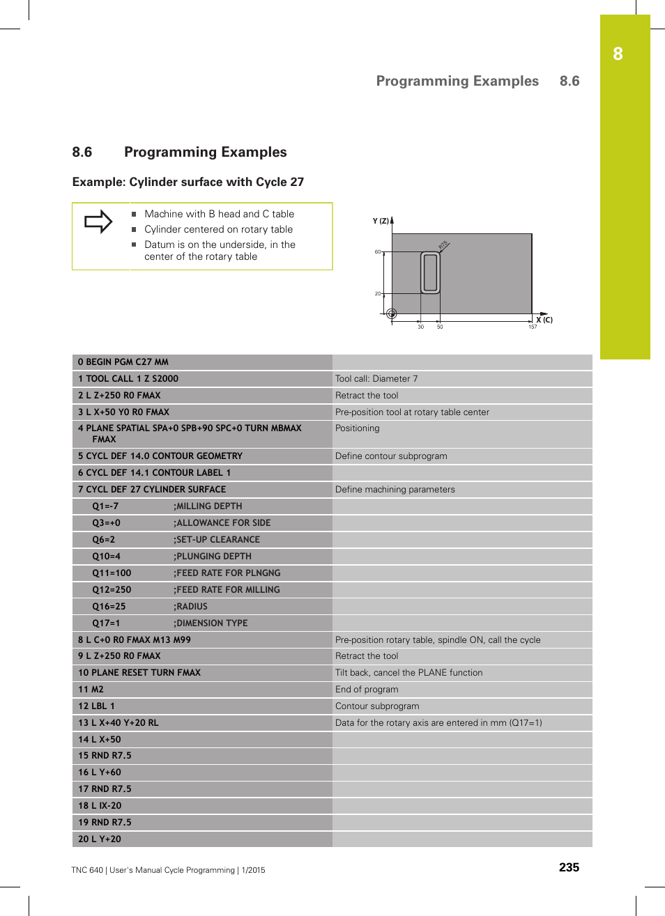 6 programming examples, Example: cylinder surface with cycle 27, Programming examples | Programming examples 8.6 | HEIDENHAIN TNC 640 (34059x-05) Cycle programming User Manual | Page 235 / 635