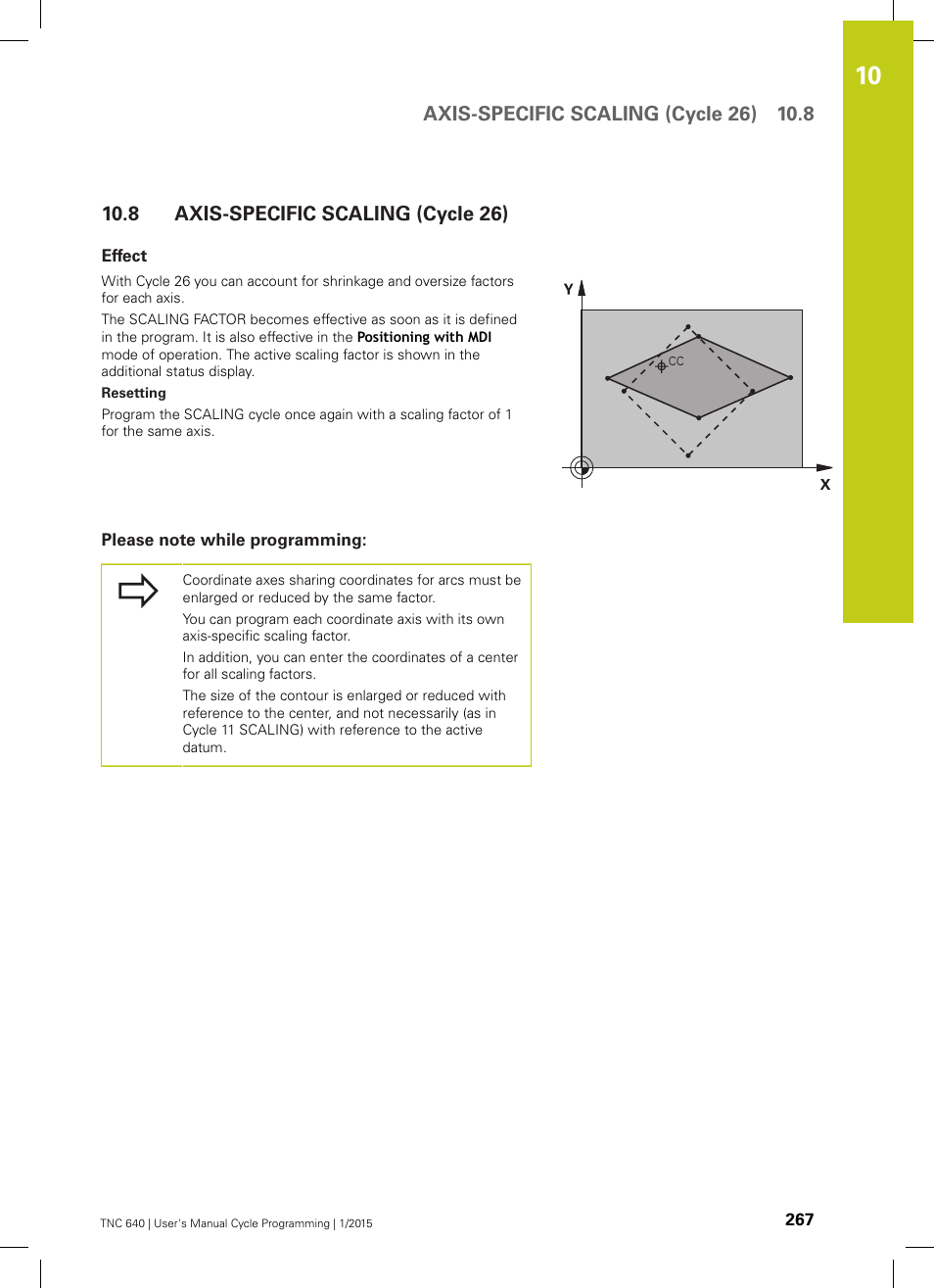 8 axis-specific scaling (cycle 26), Effect, Please note while programming | Axis-specific scaling (cycle 26) | HEIDENHAIN TNC 640 (34059x-05) Cycle programming User Manual | Page 267 / 635