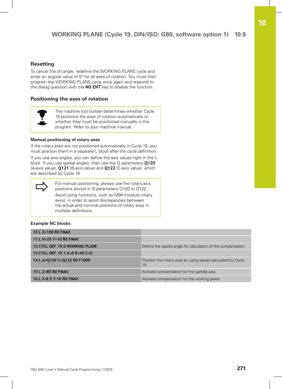 Resetting, Positioning the axes of rotation, Example nc blocks | HEIDENHAIN TNC 640 (34059x-05) Cycle programming User Manual | Page 271 / 635