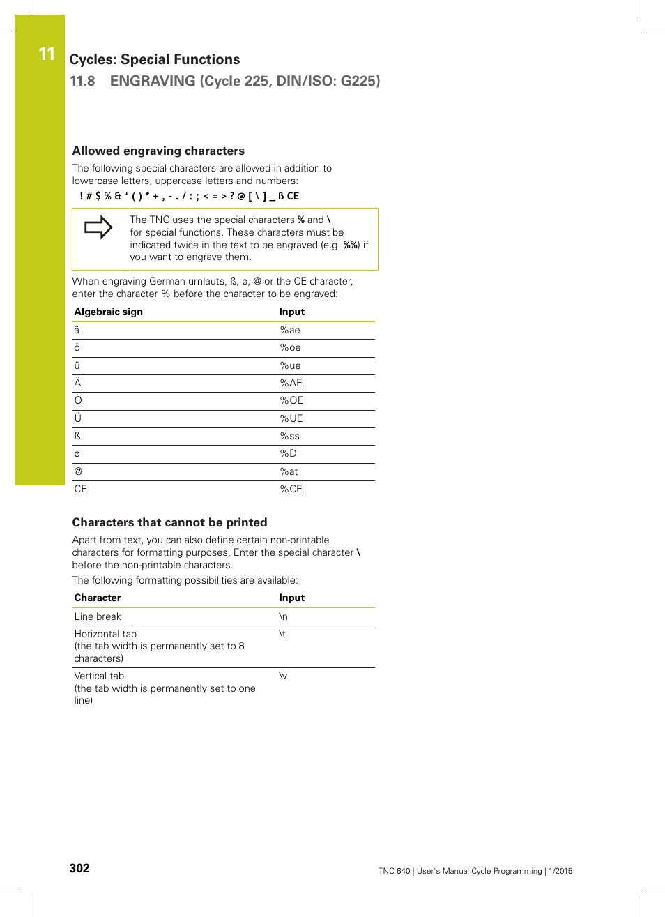 Allowed engraving characters, Characters that cannot be printed | HEIDENHAIN TNC 640 (34059x-05) Cycle programming User Manual | Page 302 / 635