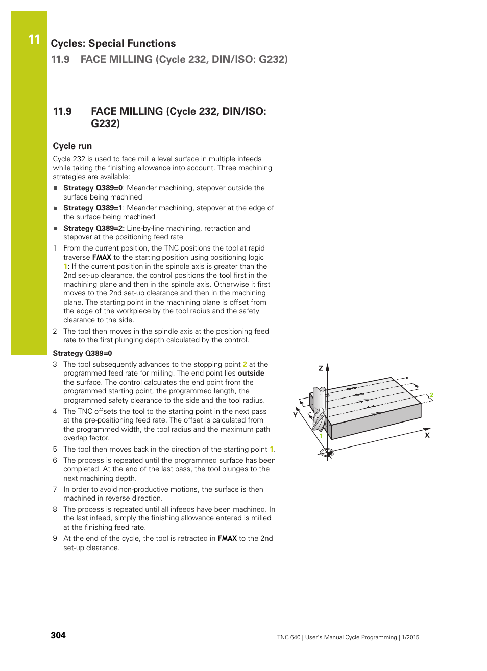 9 face milling (cycle 232, din/iso: g232), Cycle run, Face milling (cycle 232, din/iso: g232) | HEIDENHAIN TNC 640 (34059x-05) Cycle programming User Manual | Page 304 / 635