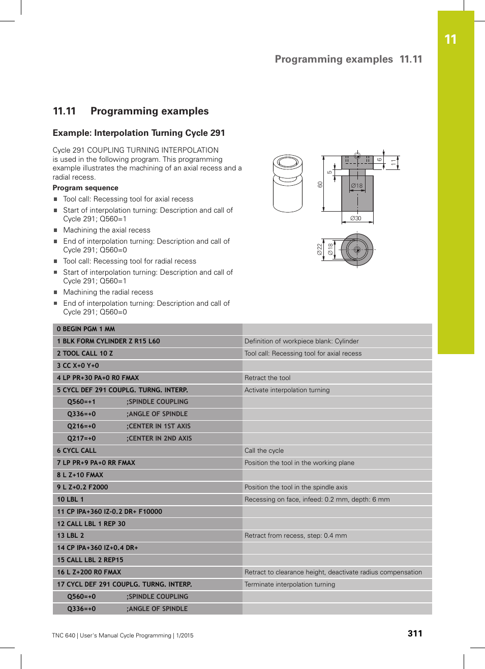 11 programming examples, Example: interpolation turning cycle 291, Programming examples | Programming examples 11.11 | HEIDENHAIN TNC 640 (34059x-05) Cycle programming User Manual | Page 311 / 635